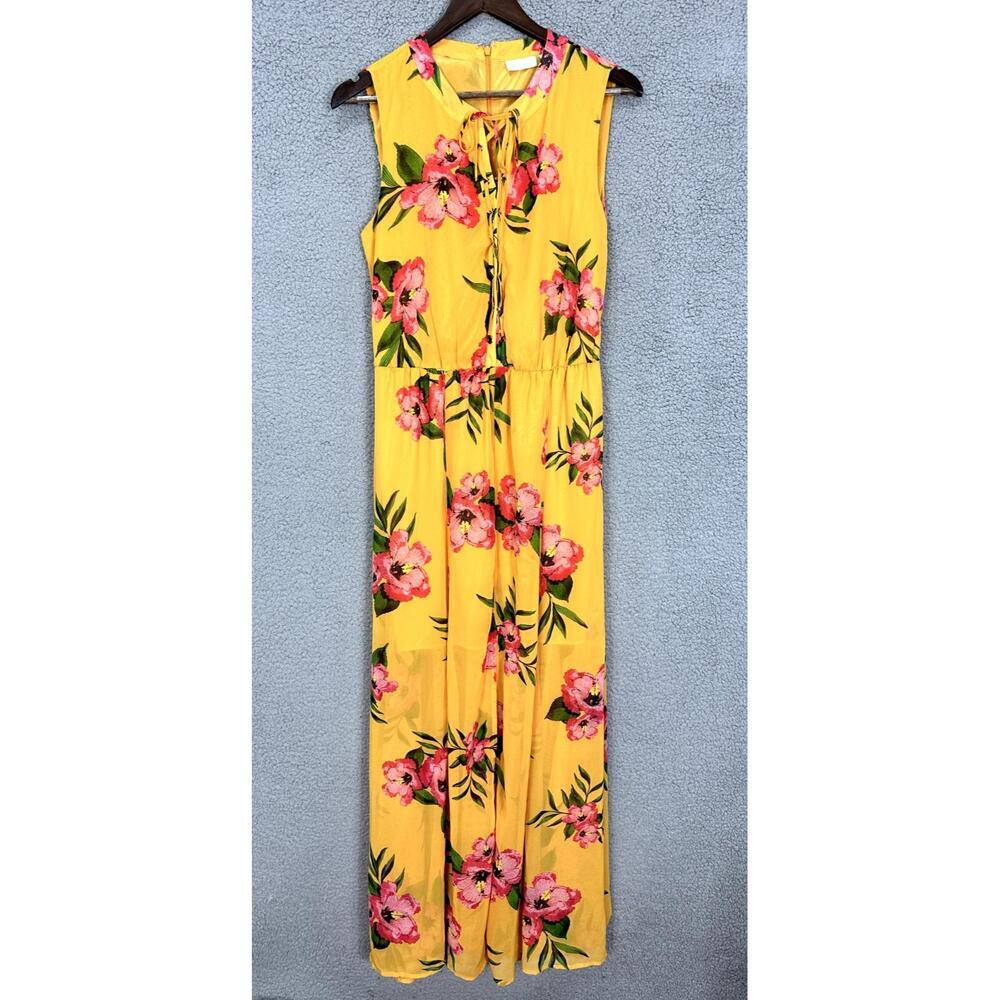 New York And‎ Company Maxi Dress Womens XL Petite Floral Yellow Resort Boho